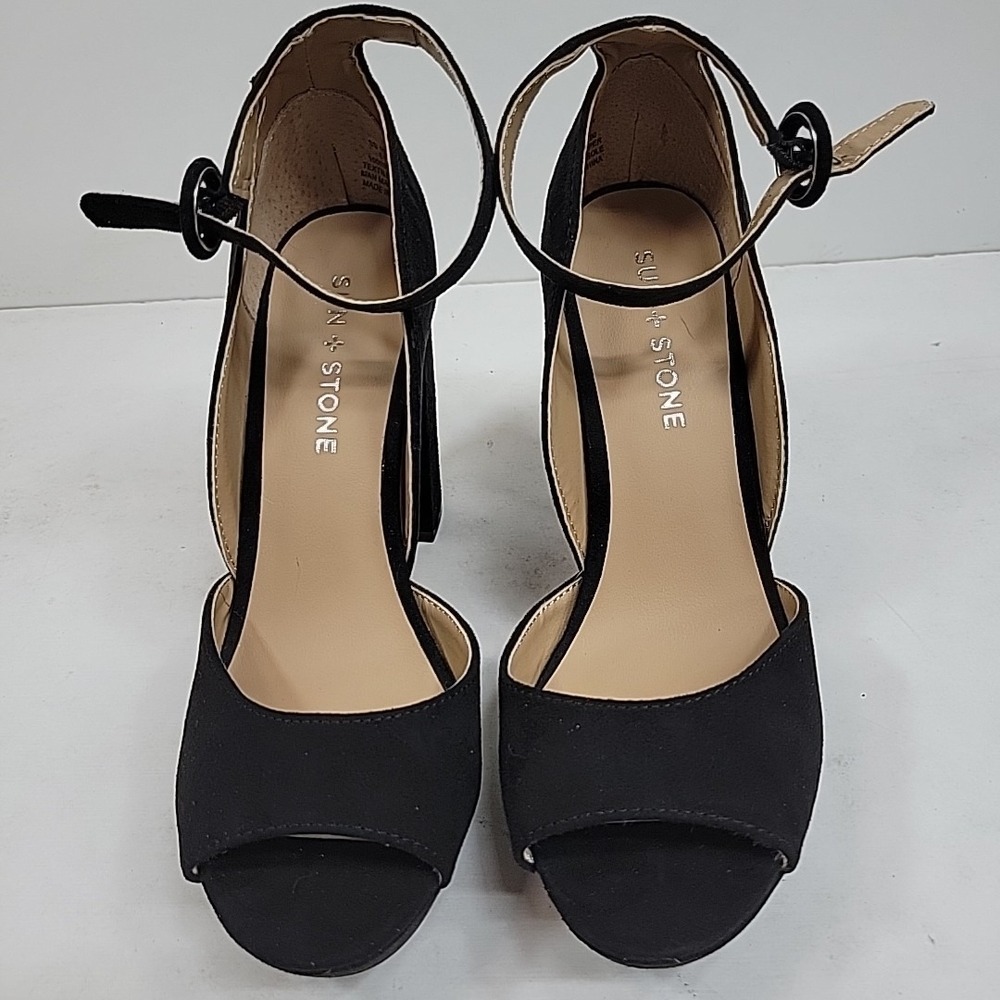 Sun + Stone Black Peep Toe Platform Heels Womens Size 6.5 Block Heel Super Cute - Picture 3 of 8